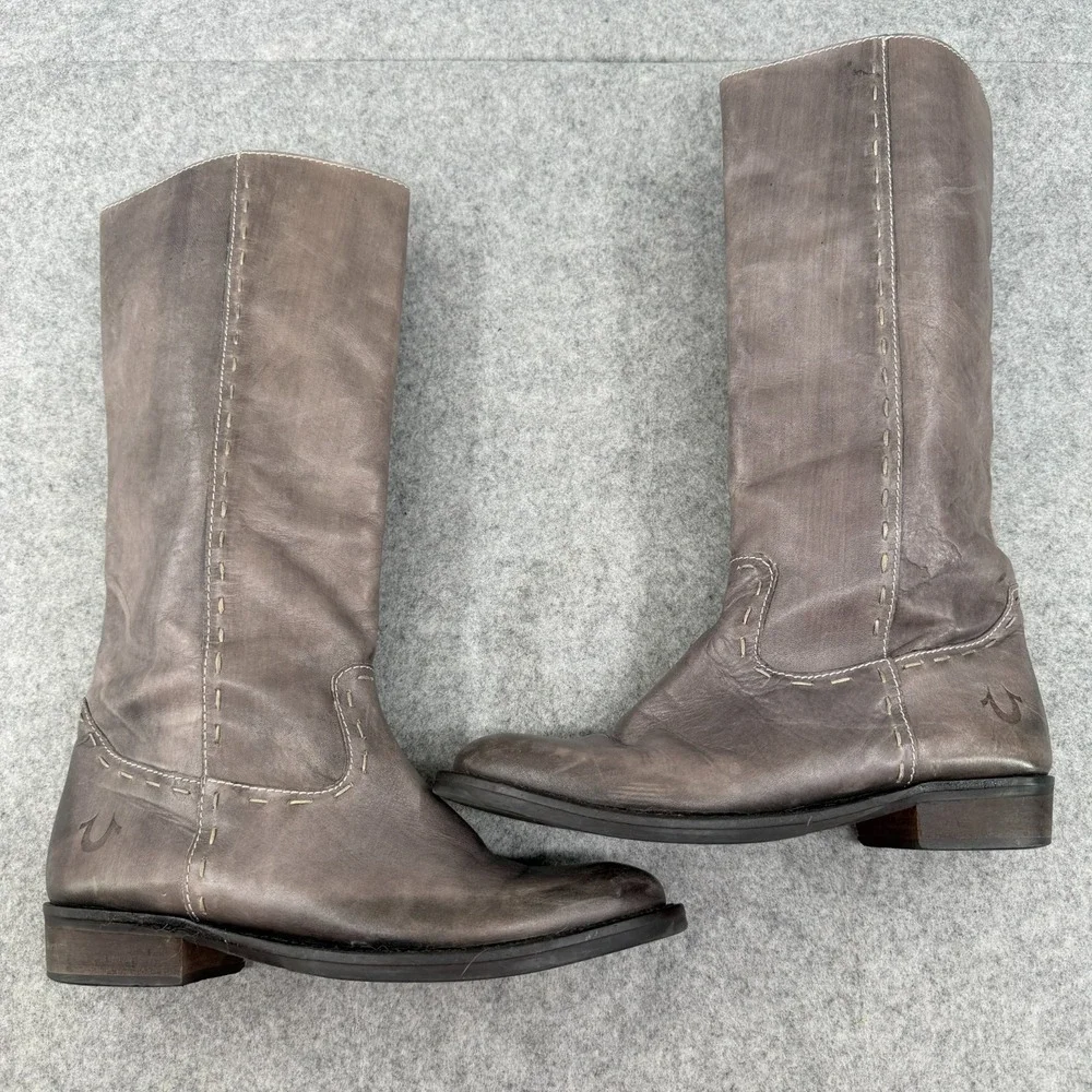 True Religion Tall Leather Knee-High Riding Boots 7‎ Gray Maddy Style TRS91110